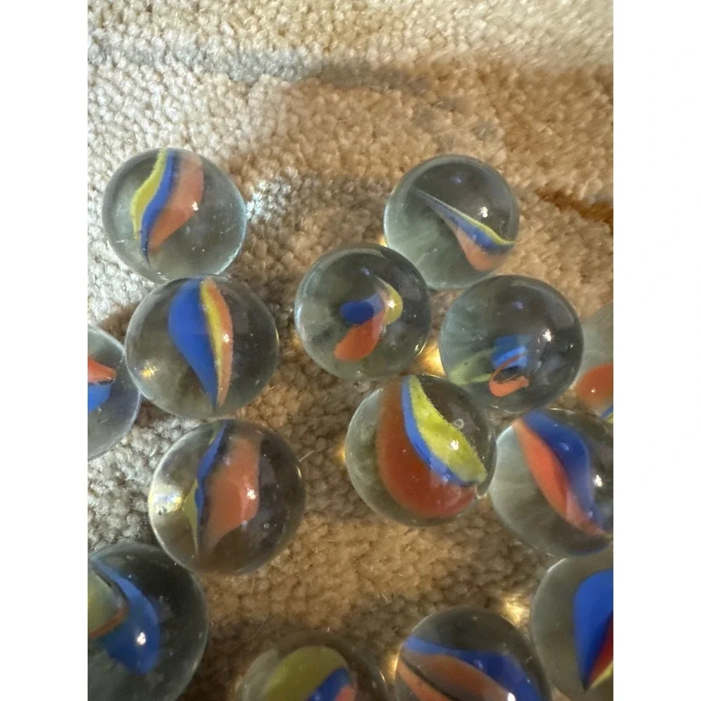 Vintage Cat Eye Marbles Clear Glass Blue Orange Yellow Swirl Lot of 17 Retro
